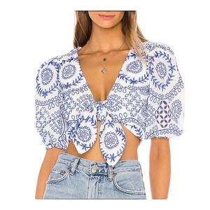 Lovers + Friends Top White Blue Embroidery Short Puff Sleeves VNeck Front Tie